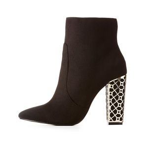 NWOT Faux Suede Pointed Toe Metallic Heel Booties